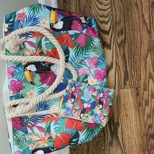 Large canvas tropical print tote bag NWT